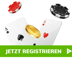 Zwei Spielkarten mit einer goldenen Münze und Pokerchips über grünem Jetzt registrieren Button