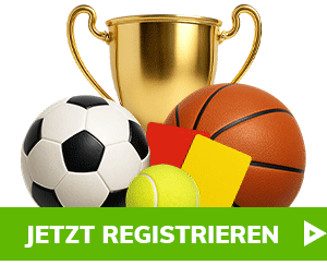 Goldener Pokal mit Fußball, Basketball, Tennisball und gelben sowie roten Karten über grünem Button