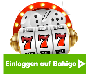 Slotmaschine mit drei Siebenen und zwei Würfeln über grünem Login-Button