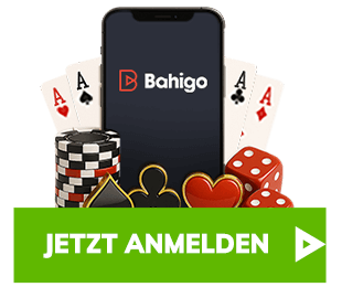 Bahigo Registrierung mit Karten Chips Würfeln und Smartphone im Zentrum der Szene