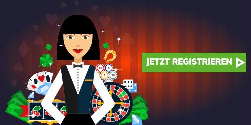 Croupière vor einem Casino-Hintergrund mit Roulette, Karten und grüner Registrierungsschaltfläche